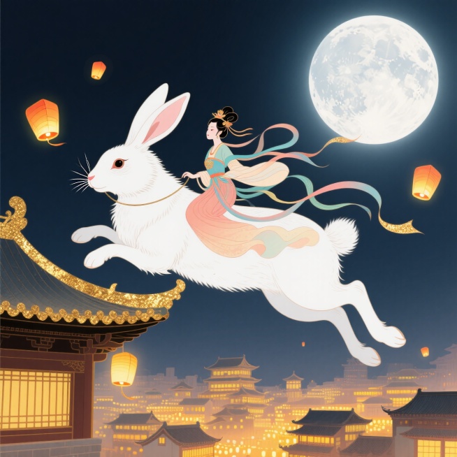 画面中心是一位身着嫦娥服饰的女子骑在一只巨大白兔上在房梁上奔跑。背景有一轮月亮，暗色调夜空，下方是灯火璀璨的古代城市建筑群，空中飘飞着孔明灯，营造神秘浪漫的中秋氛围。预览效果