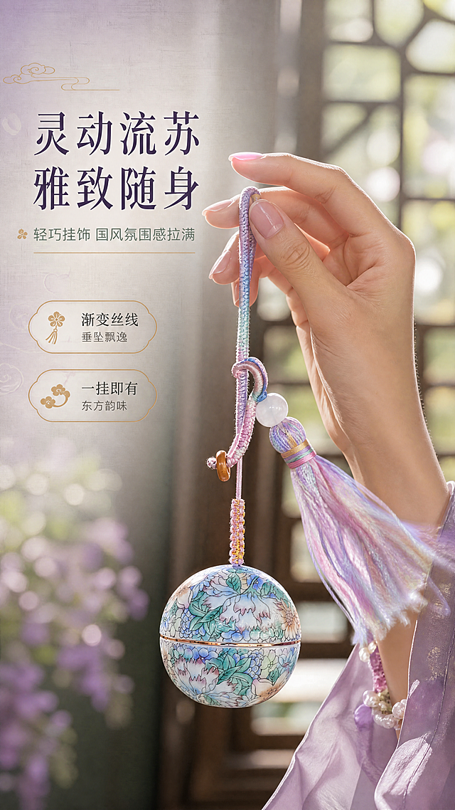 [商品] 使用【图1】国风万花款珐琅彩陶瓷球形分装罐挂件；保留球形陶瓷罐体、紫绿蓝渐变花卉珐琅彩图案、渐变粉紫蓝流苏挂绳、白色圆珠、编织挂扣全部结构与颜色；商品处理：保留原有花纹与材质，增强流苏垂坠动感与陶瓷光泽，不改变产品结构。
[画面] 目标：真人手部使用瞬间，展示挂件佩戴效果与流苏灵动垂坠感。构图：右侧一只纤细的亚洲女性手（指甲干净淡粉色），手指轻捏挂绳，挂件自然下垂，流苏随风轻摆有微动态模糊感，产品占画面约50%；背景为新中式窗格柔焦光斑，左侧留白放文字；营造温婉雅致的东方女性气质。
[视觉] 套系策略：风格=国风雅致新中式商业摄影；标题字=清雅宋体衬线体；正文字=简洁无衬线体；主色=莫兰迪紫+青瓷绿；背景延展=基于紫绿调做深浅渐变、宣纸纹理与柔焦光晕；强调色=鎏金色，仅用于小面积图标、引线和装饰线条；标题色=深墨紫；正文色=灰褐绿；组件=圆角描金信息卡、细金线引线、云纹装饰元素；光影=侧逆光勾勒流苏通透感，陶瓷正面有柔和补光，整体暖调柔光。
[文字] 左侧上方主标题「灵动流苏 雅致随身」，副标题「轻巧挂饰 国风氛围感拉满」，配2个短句「渐变丝线 垂坠飘逸」「一挂即有 东方韵味」；全部横排排版。
[规格] 图片比例9:16竖版，4K分辨率，负向提示：避免变形、错字、文字过小、手部粗糙、产品比例失调、流苏僵硬、冷色调。