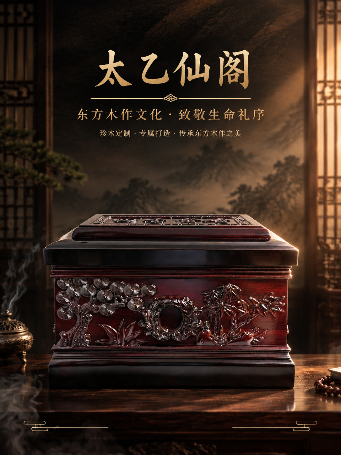 [商品] 使用【图1】卢氏黑黄檀骨灰盒正面松竹雕刻款；保留整体… - 图片创意预览