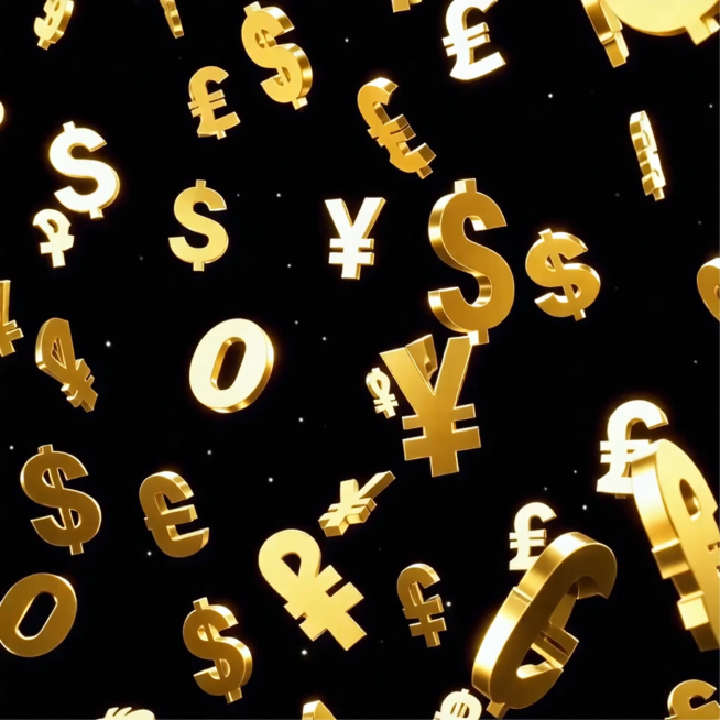 160种金色金属质感世界货币符号悬浮，货币符号大小随机，背景为黑色，整体呈现动态悬浮效果预览效果