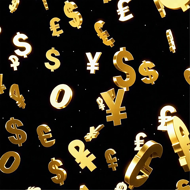 鎏金风3D货币符号悬浮于星空背景，金属质感与体积感交织，未来科技感十足，奢华视觉冲击力强。