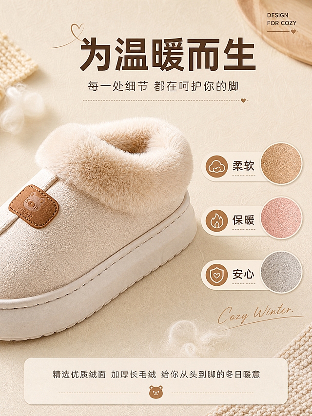 [商品] 使用【图3米白】包跟棉拖鞋局部；保留绒面材质、毛绒翻边、小熊标贴和缝线；增强材质纹理清晰度，不改变结构。
[画面] 页面目标：设计理念页，传递冬日居家温暖的设计初心。构图：上中下结构，上方标题区，中部左侧为鞋局部特写，右侧为3个风格关键词+色卡，底部一行设计说明。主体：米白色棉拖鞋45°侧视特写，占画面约40%，位于左侧。右侧展示：3个圆形色卡（驼色、粉色、灰色）+ 3个关键词标签「柔软」「保暖」「安心」。背景：浅米色肌理纸质感，散落几缕毛绒纤维和针织面料小样。景别：中近景。阅读动线：顶部标题→左侧鞋特写→右侧关键词→底部说明。
[视觉] 套系策略：风格=温馨居家高级商业摄影；标题字=现代无衬线粗体；正文字=简洁无衬线体；主色=暖米杏；背景延展=基于暖米杏做深浅层级、同色渐变和细腻织物/木纹质感；强调色=焦糖棕，仅用于小面积图标、引线和标签；标题色=深暖棕；正文色=中暖灰；组件=圆角浅底信息卡、细线引线、手写体英文装饰；光影=左前侧暖金色柔光。
[文字] 顶部居中主标题「为温暖而生」，副标题「每一处细节 都在呵护你的脚」。右侧3个关键词配图标，底部一行小字「精选优质绒面 加厚长毛绒 给你从头到脚的冬日暖意」。右上角小号英文「DESIGN FOR COZY」。
[规格] 图片比例3:4竖版，4K，避免变形、错字、文字过小、冷蓝背景、材质失真。