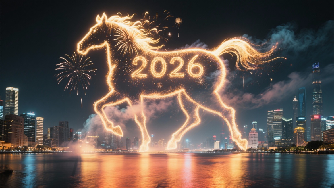 夜空中，烟花在上海城市上空勾勒出[马]的形状。设计灵感源自[马]的色彩、比例和轮廓，在漆黑的夜空中清晰可见，引人注目。在主题上方有闪耀的金色烟花在中心清晰地拼出了“2026”的字样采用长曝光技术，以逼预览效果