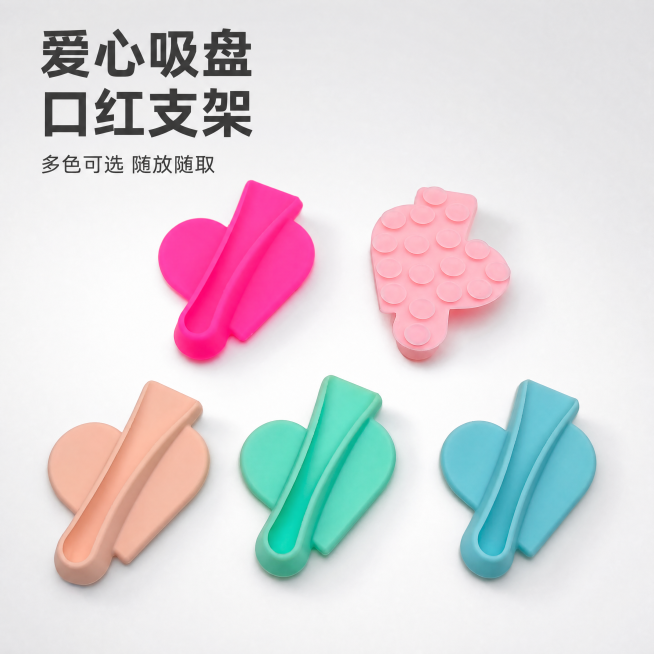 [主图-1] 爱心款吸盘口红支架产品全貌首图。[氛围风格] 简约清新马卡龙风，电商主图，商业摄影质感，画面干净明亮。[画质] 产品清晰真实，光线柔和通透，画面干净高级。[元素] 将多色爱心口红支架整齐预览效果