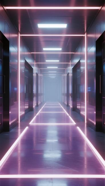 未来感科技风走廊直播间背景，整体采用渐变紫色调，保持原有的通透玻璃质感墙面与地面，两侧排列整齐的发光灯带从前景延伸至远方消失点，顶部中央条形光源柔和照亮空间，营造出宽敞明亮且具有纵深感的视觉效果，线条简洁流畅，色调统一和谐，适合作为直播场景的专业背景。预览效果