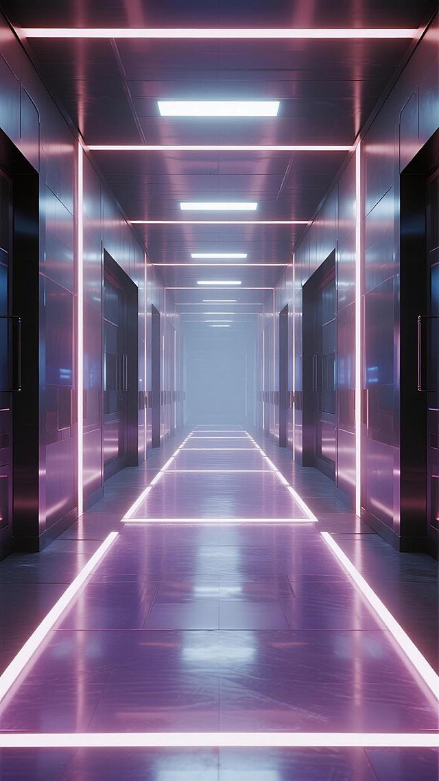 未来感科技风走廊直播间背景，整体采用渐变紫色调，保持原有的通透玻璃质感墙面与地面，两侧排列整齐的发光灯带从前景延伸至远方消失点，顶部中央条形光源柔和照亮空间，营造出宽敞明亮且具有纵深感的视觉效果，线条简洁流畅，色调统一和谐，适合作为直播场景的专业背景。