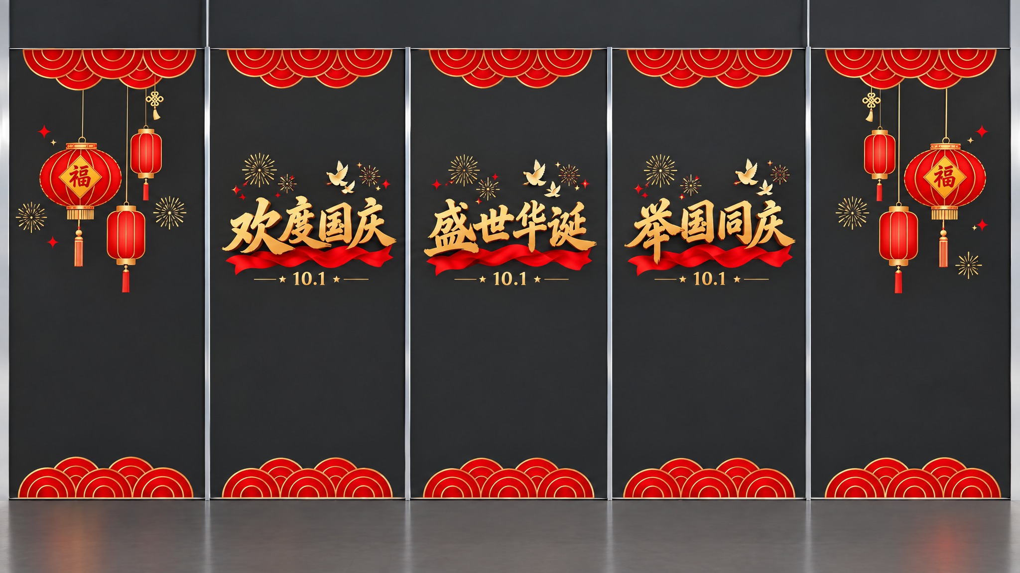 77周年国庆五连屏玻璃门贴设计，深灰色哑光背景，红金配色，简约… - 图片创意预览