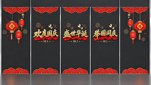 77周年国庆五连屏玻璃门贴设计，深灰色哑光背景，红金配色，简约大气风格。左右两扇最宽（139cm）：顶部红色祥云纹装饰边，悬挂三盏红色灯笼（一盏大圆灯笼写"福"字，两盏长形灯笼），点缀金色中国结和烟花小元素，底部红色祥云纹装饰边。中间三扇等宽（120cm）：每扇中央是金色书法大字，分别为"欢度国庆""盛世华诞""举国同庆"，字下方有红色飘带和"10.1"金色小字，字上方点缀小烟花和平鸽图案，顶部和底部各有一排红色祥云纹装饰边。整体上下对称，中间留白充足，简约喜庆，商场玻璃静电贴效果，高清精致