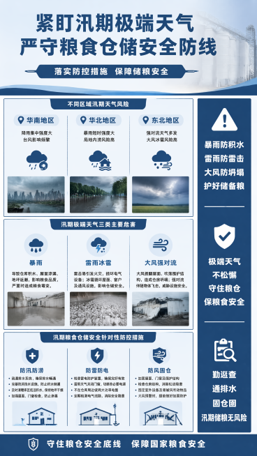 正式稳重的政务宣传海报，主题是汛期粮食仓储安全防控，整体风格清晰专业。顶部放置主标题"紧盯汛期极端天气 严守粮食仓储安全防线"，副标题"落实防控措施 保障储粮安全"。画面分为三个区域：分别展示华南、华预览效果