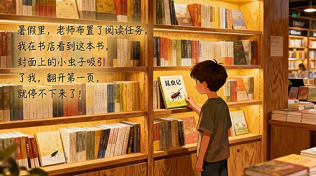 在第2页配图上添加文字：暑假里，老师布置了阅读任务，我在书店看到这本书，封面上的小虫子吸引了我，翻开第一页，就停不下来了！文字排版自然，与画面协调