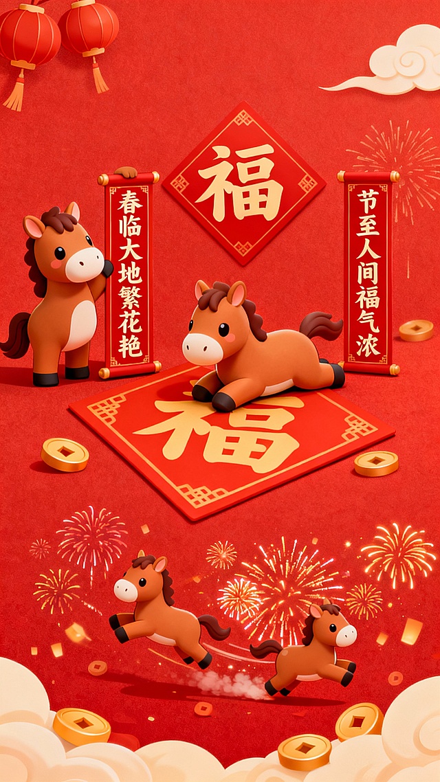 软3D风国潮卡通马迎春，红金配色喜庆满溢，福字春联烟花点缀，传递新春祥瑞氛围。