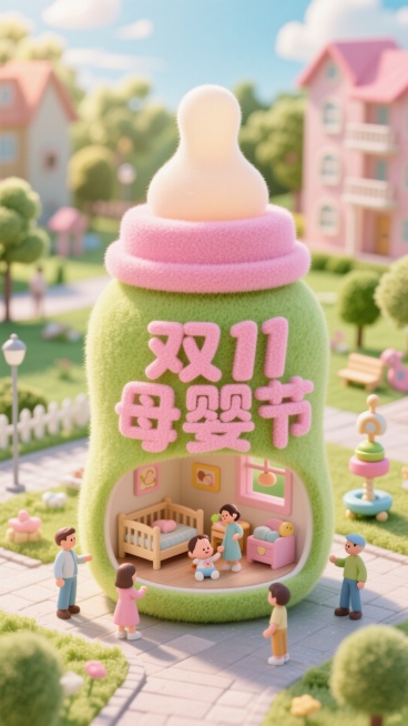 粉绿色调 · 巨大的婴儿奶瓶

奶瓶上用粉红色立体字写着“双11母婴节”。
奶瓶内部是温馨的婴儿房，有婴儿床、摇铃、父母和宝宝互动。
背景是阳光明媚的社区公园。
毛毡质感，高饱和色彩，柔和光晕。预览效果