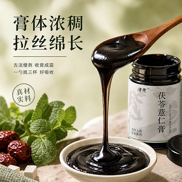 [主图-3] 细节与质地主题：膏体浓稠 拉丝绵长。核心任务是微距展示膏体质感与熬制工艺，强化产品品质感知。
[统一基调] 新中式温润养生风格，整体色调为浅绿米白暖调，低饱和度高质感；主标题用粗衬线宋体，深墨绿色；辅助文案用细黑体，深灰色；强调色为苔绿色；画面干净通透，有自然柔光，小红书原生氛围感，无硬广感。
[画面] 产品为茯苓薏仁膏，黑色玻璃膏罐外观与输入图完全一致。画面采用特写近景构图，膏罐位于画面右侧，盖子打开放在旁边；一个木勺从罐中舀起黑色膏体，膏体呈浓稠拉丝状缓缓滴落，拉丝绵长有光泽，滴入下方一个白瓷小碗中，碗里已有小半碗黑亮膏体；罐口周围有少量膏体光泽；背景是虚化的浅豆绿色，左侧有几片新鲜薄荷叶与干红枣作为点缀；整体斜45度近景拍摄，重点突出膏体的浓稠质感与光泽。
[光影质感] 侧前方柔光打亮膏体，黑亮膏体表面有明显高光反射，呈现浓稠油润的质感；拉丝部分通透有光泽；玻璃罐与瓷碗有自然反光；背景虚化突出主体；整体美食微距摄影质感，诱人但不夸张。
[配色] 背景虚化浅豆绿色；膏体黑亮有光泽；木勺原木色，瓷碗奶白色；主标题深墨绿色，辅助文案深灰色；整体色调温润有食欲感。
[文字版式] 画面左上区域主标题两行：“膏体浓稠 拉丝绵长”，粗衬线宋体，深墨绿色；主标题下方小字两行：“古法慢熬 收膏成霜”“一勺抵三杯 好吸收”，细黑体，深灰色；左下角有一个小圆形印章样式文字：“真材实料”，苔绿色；文字不遮挡膏体拉丝主体。
[输出要求] 比例1:1，2K高清，膏体质感清晰，拉丝效果真实自然，文字清晰可读；禁止变形、错字、模糊、杂乱、水印、平台Logo、医疗功效暗示、绝对化用语。