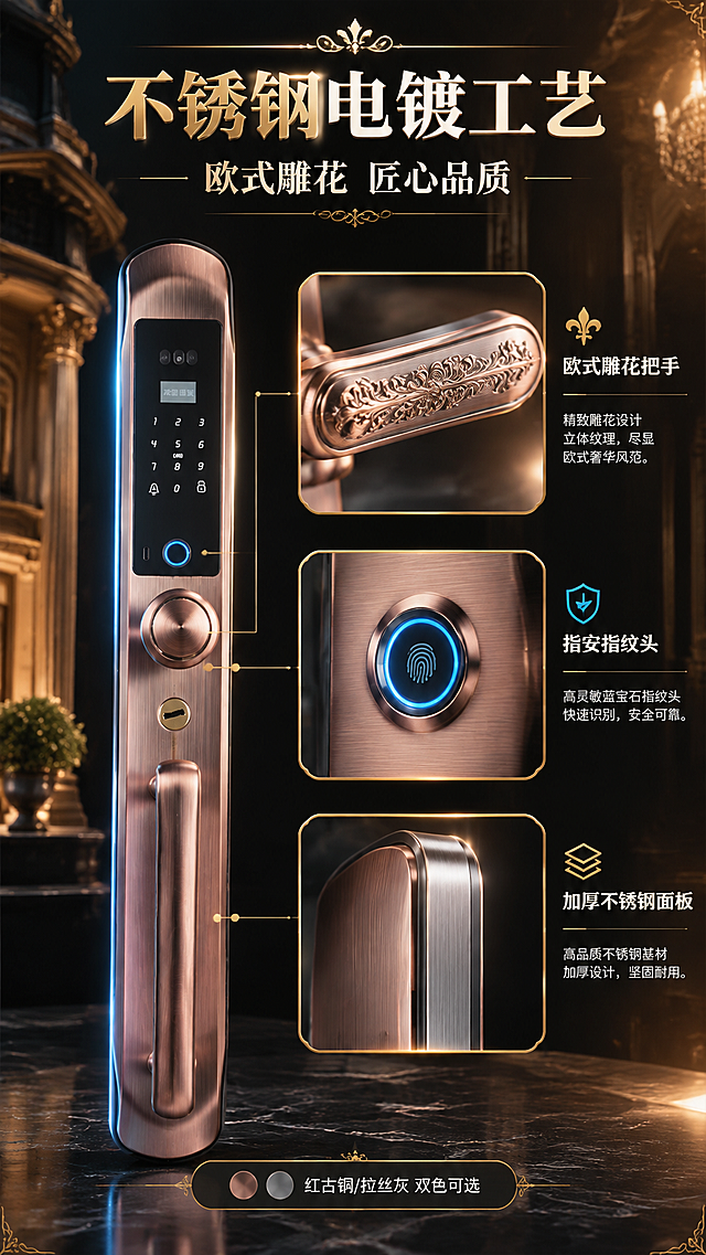 [商品] 使用【图2】欧式别墅指纹密码锁红古铜色前面板局部；保留红古铜不锈钢电镀材质、欧式雕花把手、触摸键盘、指纹头的细节；增强金属拉丝纹理、雕花立体感和表面电镀光泽，不改变结构和比例。
[画面] 目标：展示结构材质与工艺品质。构图：左侧为产品整体侧视，右侧为3个局部放大细节框：上方是欧式雕花把手微距（展示雕刻纹理），中间是指纹识别区特写（展示蓝宝石指纹头），下方是锁体边缘剖面（展示不锈钢材质厚度）。产品占画面55%。阅读动线：从左到右，从整体到细节。
[视觉] 套系策略：风格=高端欧式轻奢商业摄影+科技感；标题字=粗黑体衬线结合，厚重有力；正文字=简洁无衬线体；主色=红古铜金+深炭黑；背景延展=基于深炭黑做渐变层次，搭配暖金色光效和欧式建筑元素；强调色=科技蓝，仅用于小面积功能光效、图标和标签点缀；标题色=暖金色+白色；正文色=浅暖灰+白色；组件=圆角黑金信息卡、金色细线引线、欧式装饰线条；光影=右前侧暖金柔光+左侧冷蓝轮廓光，突出金属质感和立体感。
[文字] 顶部主标题"不锈钢电镀工艺"，副标题"欧式雕花 匠心品质"；3个细节配文字："欧式雕花把手""指安指纹头""加厚不锈钢面板"；底部补充"红古铜/拉丝灰 双色可选"。文字位于画面顶部和右侧信息卡，全部横向排版。
[规格] 图片比例9:16竖版，4K，负向提示：避免变形、错字、文字过小、材质失真、颜色偏差、塑料质感、模糊不清。