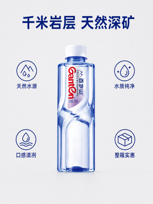 [主图-2] 百岁山矿泉水核心卖点展示图
[氛围风格] 干净简约专业风，突出产品品质感
[画质] 商业摄影质感、光线柔和通透、产品清晰真实、画面干净高级
[元素] 百岁山矿泉水瓶居中放置，周围围绕四个预览效果