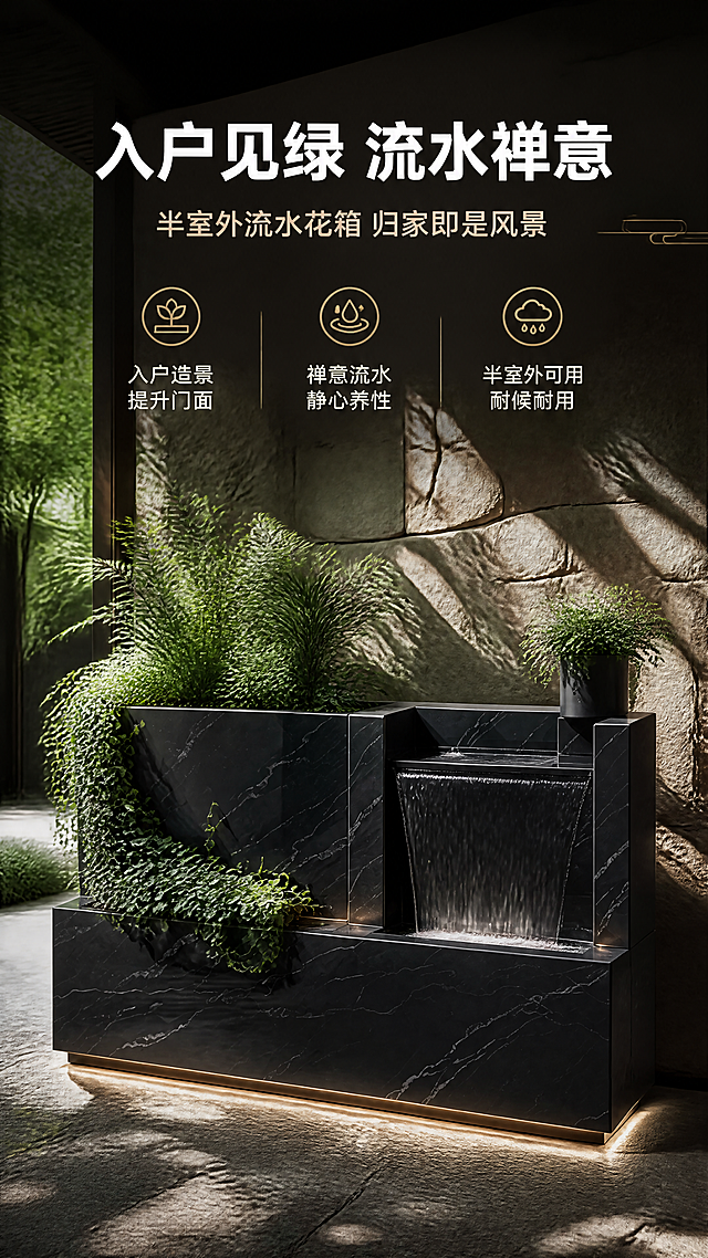 [商品] 使用【图1】黑色大理石纹岩板流水花箱；保留左高花箱+右流水幕墙的阶梯结构、黑色岩板材质与白色纹理、底部隐藏LED暖光灯带、落地式底座、流水从右侧上方垂落的方向、花箱内绿植组合（调整为蕨类+常春藤等阴生植物更贴合入户花园场景，保持整体绿植形态）；增强岩板哑光质感与流水柔和效果，不改变产品结构和比例。
[画面] 页面目标：第四屏场景种草，入户花园半室外场景，突出禅意绿植与流水。构图：竖版9:16，产品位于画面中下部，占画面约55%，正面微侧角度。前景：仿古砖/文化石地砖，带斑驳光影。中景：黑色岩板流水花箱，左侧花箱蕨类与常春藤绿植茂盛，右侧流水幕墙水流轻柔，底部LED灯带发出暖光。背景：天然文化石墙面（不规则石块拼接），墙上有树叶投下的斑驳光影，顶部有半室外遮阳棚结构，自然光从侧面洒入。整体营造宁静禅意、自然清新的入户花园氛围。
[视觉] 套系策略：风格=现代极简高端商业摄影；标题字=现代无衬线粗体；正文字=简洁无衬线体；主色=黑绿暖棕调；背景延展=基于深棕、墨绿做深浅层级、同色渐变和细腻文化石/木材质感；强调色=暖金色，仅用于小面积图标、引线、标签和灯光高光；标题色=米白色；正文色=浅米灰；组件=圆角深色信息卡、细线引线、禅意装饰线条；光影=侧面自然光+底部LED灯带暖光+树影斑驳，整体自然柔和光影。
[文字] 画面上方留白区域放主标题和副标题，不遮挡产品主体。主标题：入户见绿 流水禅意；副标题：半室外流水花箱 归家即是风景；下方3个卖点图标+短文案：① 入户造景 提升门面 ② 禅意流水 静心养性 ③ 半室外可用 耐候耐用。文字全部横向排版，手机端清晰可读。
[规格] 图片比例9:16竖版，4K分辨率，避免变形、错字、文字过小、冷蓝背景、产品结构改变、岩板纹理错乱、绿植品种改变。