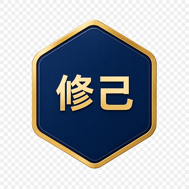 提取图中第一个六边形徽章，深蓝色六边形配金色立体边框，内部有金色"修己"文字，3D立体质感，透明背景，只保留这一个徽章