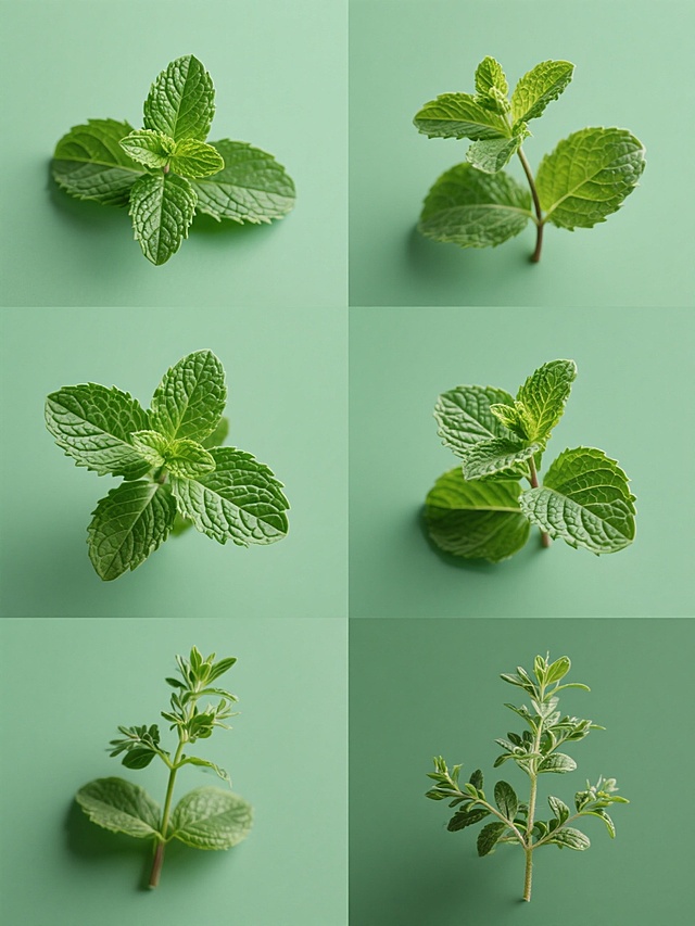 一张纯色背景的系列素材集合，保持与原图一致的高清晰摄影风格，主色调为清新的绿色，光影运用自然柔和，展现植物叶片的细腻纹理和真实质感。画面采用规整的网格排布，包含6个完全不同的草本植物元素内容，每个元素都如原图中的薄荷叶般具有清晰的叶脉结构、饱满的叶片形态和自然的生长姿态，整体构图简洁明了，确保每个植物元素类目清晰可辨，视觉上和谐统一。