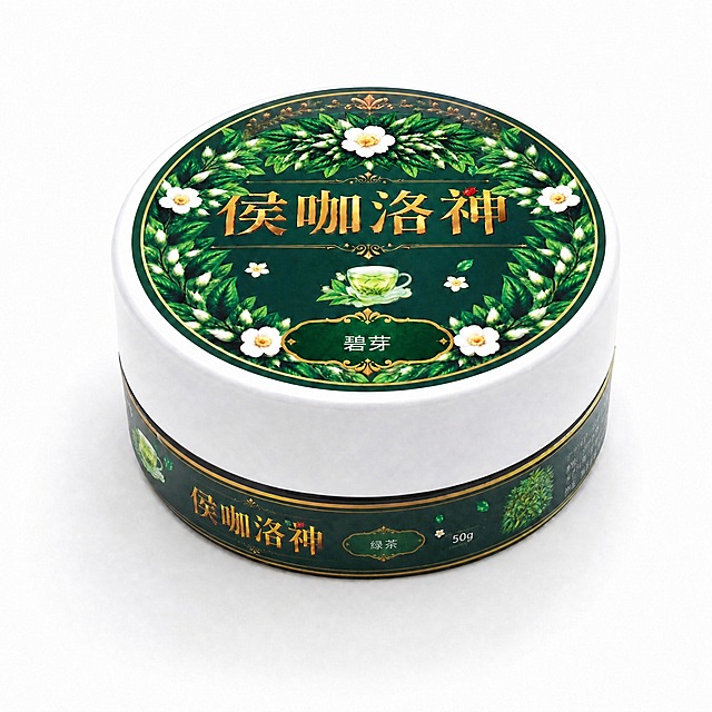 仅修改罐身侧面中间绿色标签内的文字，将'碧芽'改为'绿茶'，保持字体风格、颜色、大小、透视角度和标签装饰完全一致；瓶盖顶面的所有文字和图案完全保持不变，其余所有元素、光影、材质、背景均保持不变