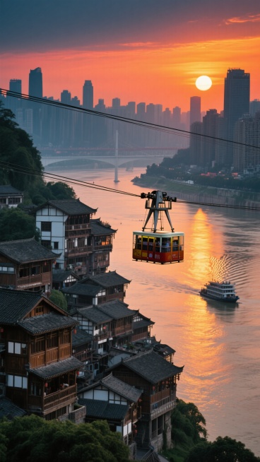 重庆城市风光，黄昏时分，橙黄色夕阳照耀下的长江索道，缆车在空中缓缓穿行，连接着两岸依山而建的层层叠叠的吊脚楼建筑群，青瓦白墙与现代高楼交织，江面上波光粼粼，船只驶过泛起涟漪，天空呈现渐变的橙红色与深蓝色，缆车的金属质感与建筑的木质纹理清晰可见，整体画面色彩温暖浓郁，光影对比强烈，展现出重庆独特的山城与江城交融的立体景观。预览效果
