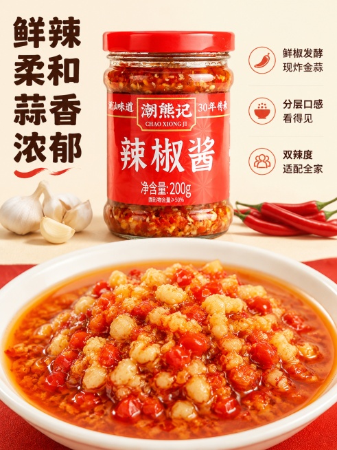 [第5屏] 潮汕蒜蓉辣椒酱专属卖点展示，本屏使用【图5】作为产品主体，【图4】展示颗粒质地。
[氛围/风格] 鲜辣食欲感，红棕暖调，新鲜清爽质感。
[元素布局] 上半部分完整产品瓶身，占比约50%，下预览效果