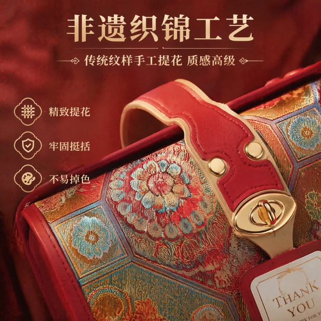[主图-2] 结婚伴手礼盒非遗材质细节展示。
[氛围风格] 非遗国风，中式喜庆质感，细节真实清晰；
[画质] 商业摄影微距特写质感，光影层次分明，材质纹理清晰锐利。
[元素] 放大展示结婚伴手礼盒的非预览效果