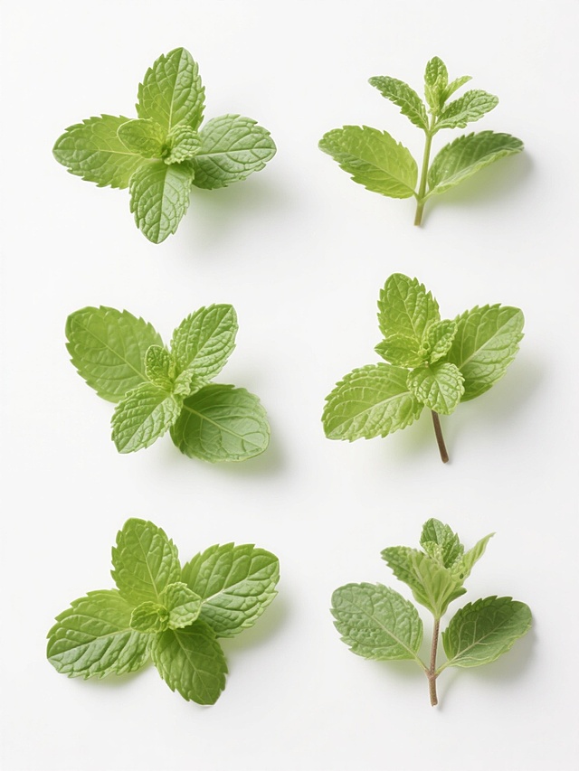 纯白背景上，六个不同种类的新鲜草本植物元素规整排布组成的系列素材集合，每个元素都具有高度写实的微距摄影风格，叶片呈现明亮的绿色调，拥有清晰可见的叶脉纹理和自然的光影细节，叶面带有细微的光泽感和真实的质感表现，整体构图简洁明快，信息传达高效，保持与薄荷叶相同的高清摄影视觉风格和构图逻辑。