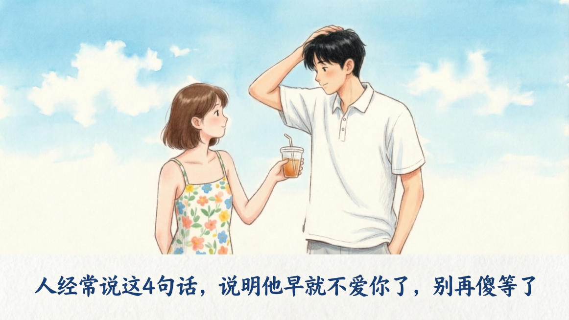 在图片下方空白位置添加一行文字，文字内容是：人经常说这4句话，说明他早就不爱你了，别再傻等了，保持原图片的水彩插画风格不变，保留原图的所有元素和构图预览效果