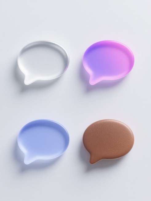 下两行，第一行：3D风格，浅灰背景，4个极简白对话气泡造型，圆润边缘带小尖角，清晰负空间，分别为金属拉丝银、霓虹渐变粉紫、磨砂玻璃蓝、哑光皮革棕，对齐排列；第二行：同第一行样式，4个对应配色，3D效果，浅色背景，上下对齐，现代简洁UI用消息提示图标适配。预览效果