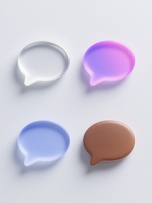 下两行，第一行：3D风格，浅灰背景，4个极简白对话气泡造型，圆润边缘带小尖角，清晰负空间，分别为金属拉丝银、霓虹渐变粉紫、磨砂玻璃蓝、哑光皮革棕，对齐排列；第二行：同第一行样式，4个对应配色，3D效果，浅色背景，上下对齐，现代简洁UI用消息提示图标适配。