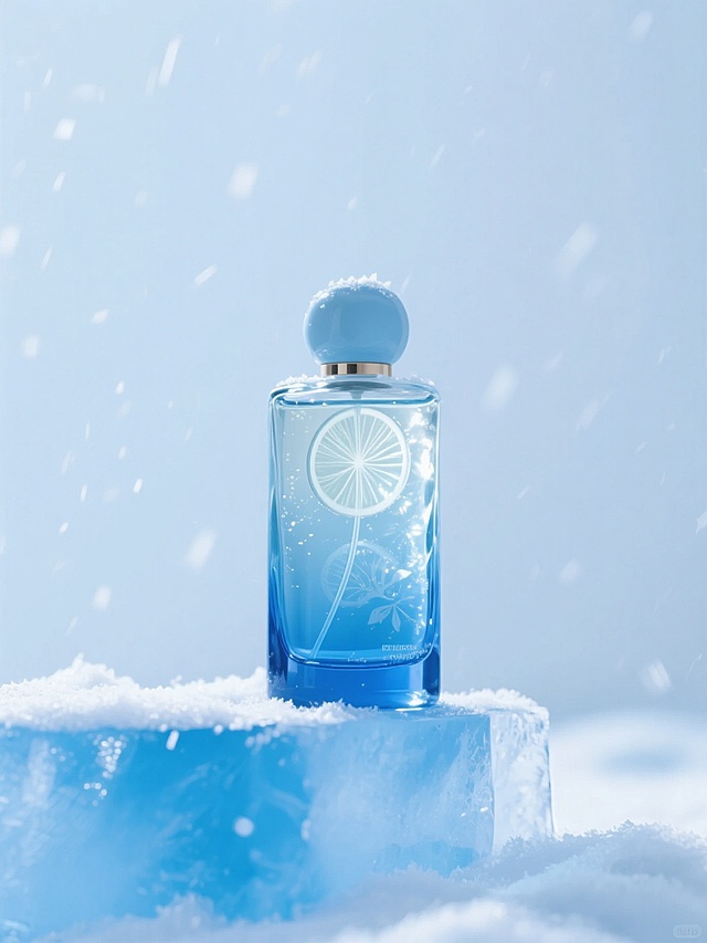 一瓶香水特写，背后冰蓝色香水瓶身折射着粼粼波光，轻喷瞬间，如同开启了一瓶冒着细密气泡的冰镇苏打水。前调的柑橘清爽迸发，中调茉莉的淡雅温柔如融化的香草雪糕，尾调雪松的木质香萦绕，仿佛将整个清凉夏日的惬意装进了香气里 背景有冰块，周围蓝色的，下着雪