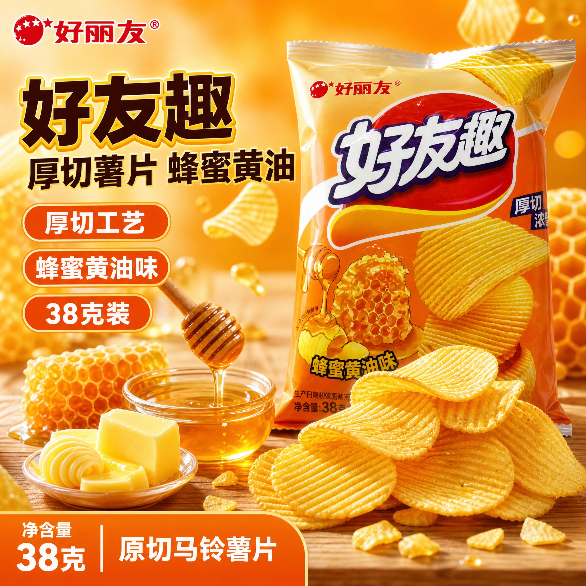 [单张主图] 好丽友好有趣 蜂蜜黄油味 厚切薯片 38克袋装，… - 图片创意预览