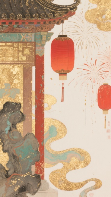 金箔岩彩肌理质感，古风水墨淡彩，灯笼+烟花，朱红+淡绿+金粉，层次感，艺术插画，朦胧感，晕开的笔墨触感，烫金丝线纹理，低饱和度色彩，画面大面积留白，淡雅柔和，流体艺术预览效果