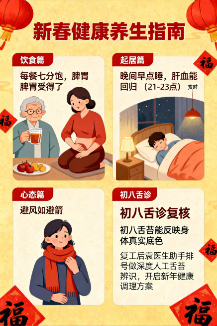 春节健康养生建议1.新春养生三则 饮食篇： “每餐七分饱，脾胃受得了”。过年肉食多，建议饭后饮一杯淡山楂水，或顺时针摩腹3分钟，助运化。起居篇： “晚间早点睡，肝血能回归”。聚会虽好，也要保证亥时（2预览效果