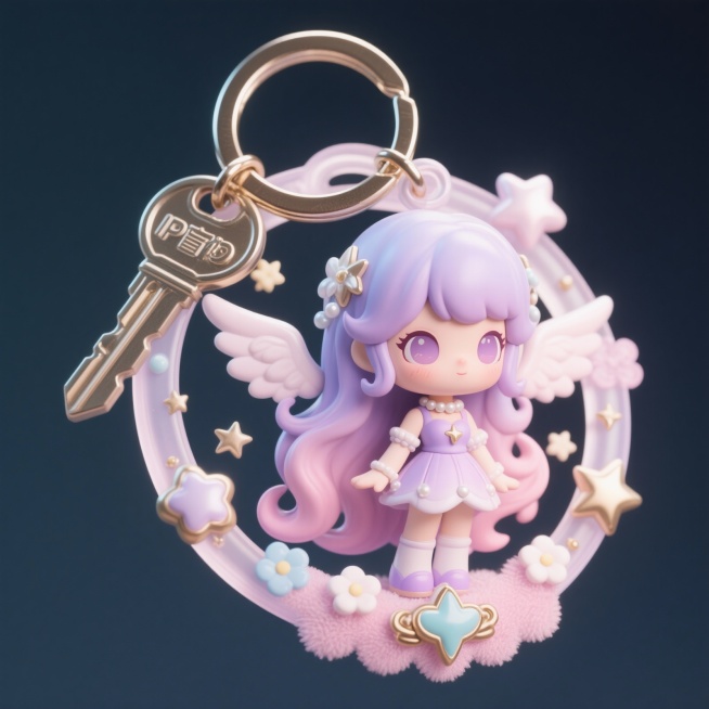 一个钥匙扣的3D渲染图，主体是图片中女性的卡通化形象，保留长卷发与珍珠项链特征，浅紫和粉色系配色，周围环绕星月、翅膀、小花朵等装饰元素，钥匙扣顶部有金属环，整体风格甜美梦幻，细节精致，光影柔和预览效果