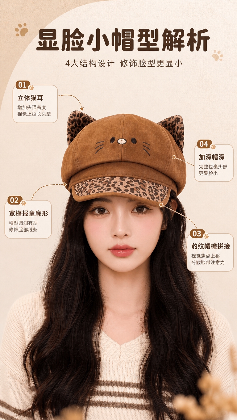[商品] 使用【图3】棕色豹纹猫耳报童帽做正面佩戴展示；商品处… - 图片创意预览