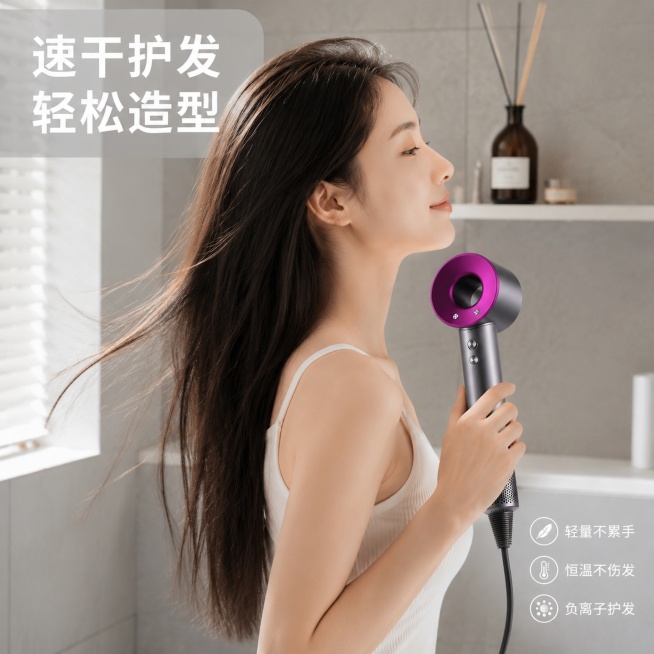 [主图-4] 吹风机真人使用场景展示页。本屏使用【图2】作为吹风机商品主体。
[氛围风格] 生活化居家场景，自然温馨，真实感强。
[画质] 商业摄影质感，光线自然柔和，产品清晰真实。
[元素] 亚洲年预览效果