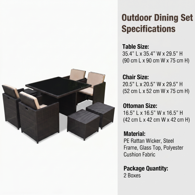 [主图 6] Outdoor dining set specification
[氛围风格] 清晰规范信息展示
[画质] 商业摄影质感、光线柔和通透、产品清晰真实、画面干净高级
[元素] 保持产品整体预览效果