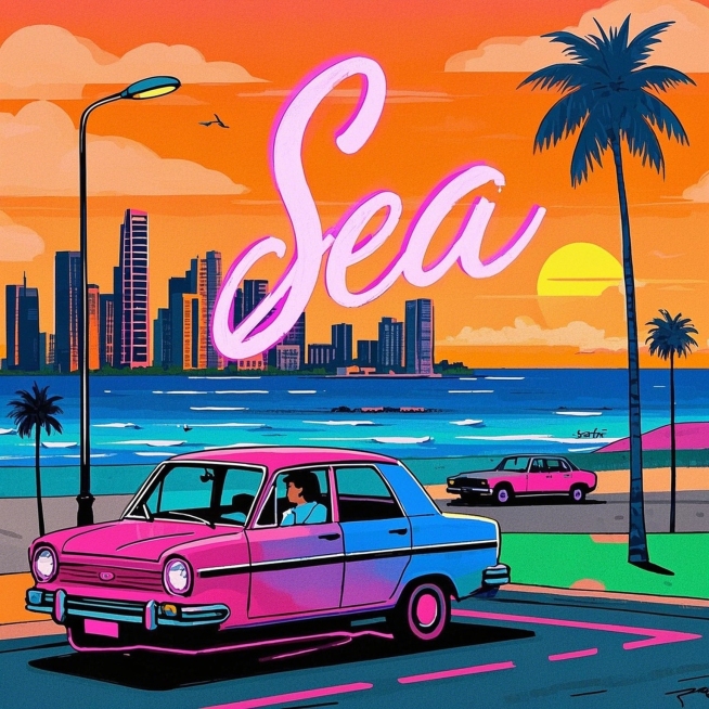 汽车，落日，棕榈树，海边，手写英文“sea”预览效果