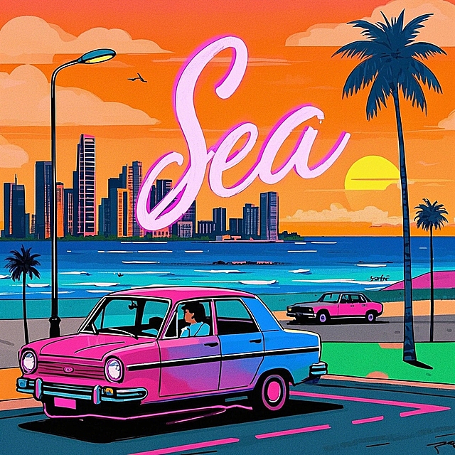 复古city pop风，霓虹灯色调，梦幻浪漫海边日落，大字“Sea”点缀，营造怀旧未来感。
