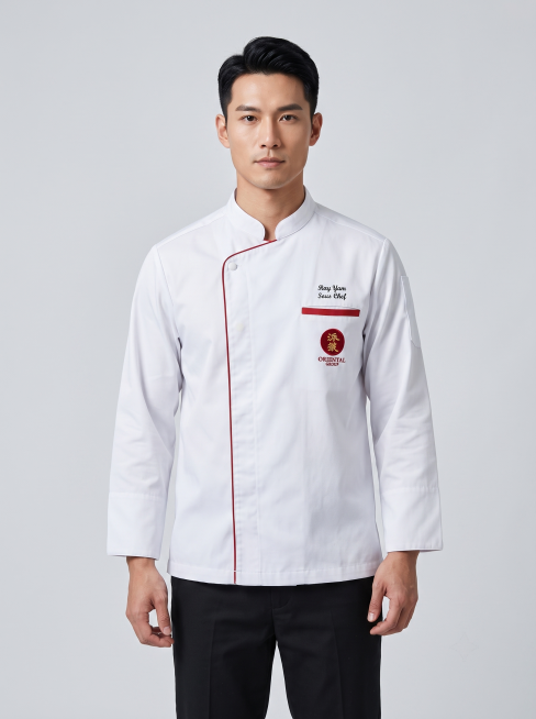 【主体保护指令】请保持参考图 1 中【厨师工作服】的款式、颜色、材质、剪裁、图案、版型、logo 与原图一致，不做改动或再创作。画面其余元素（模特、场景、光影、构图）按后续描述生成。这是一张专业电商服预览效果