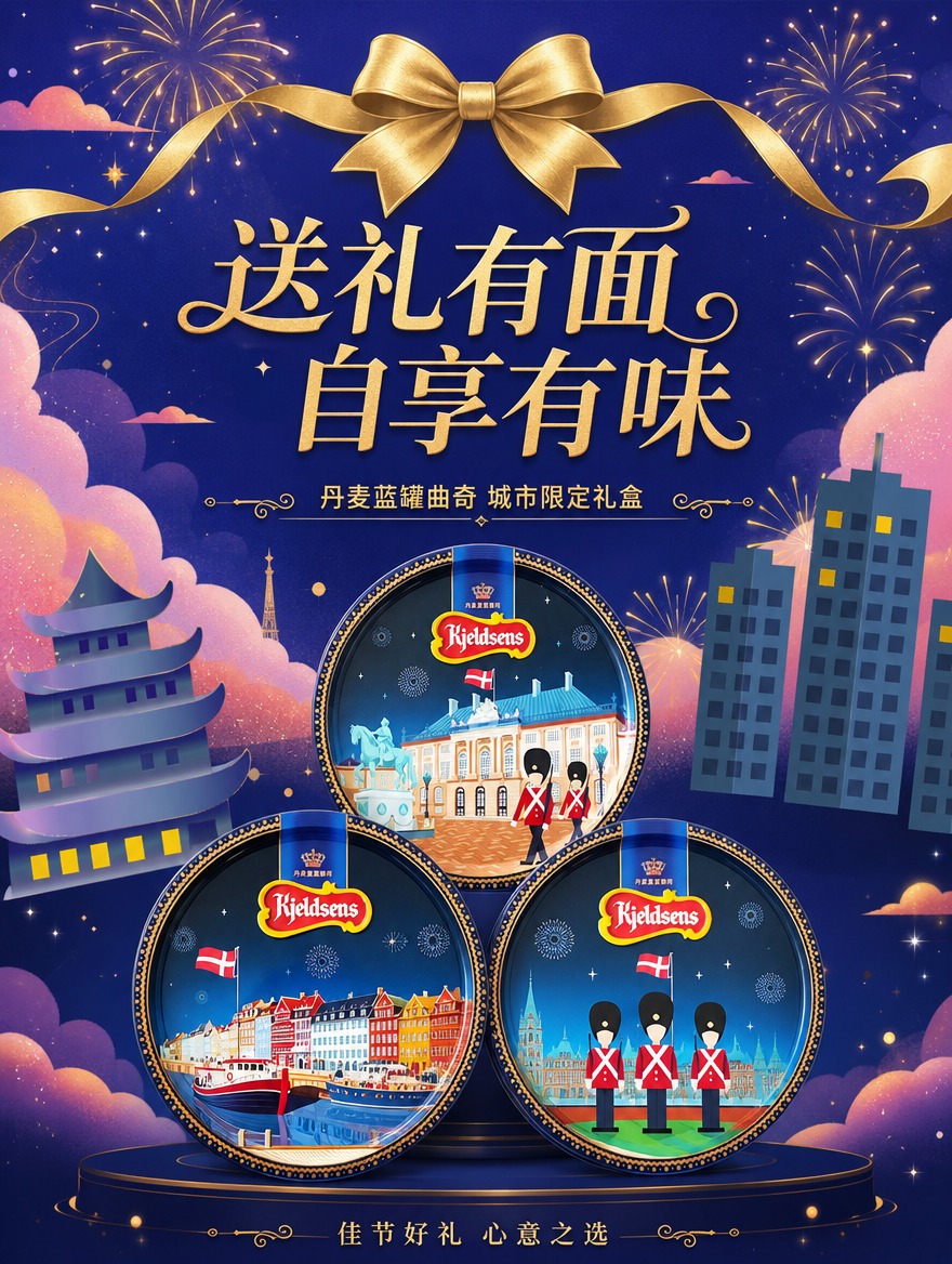 丹麦蓝罐曲奇礼赠收尾页，3款圆形铁盒呈品字形排列在画面中下部，… - 图片创意预览