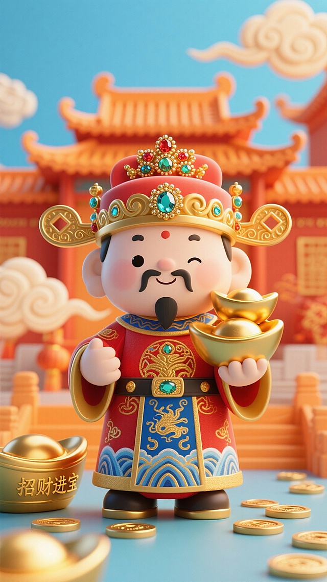 竖版 Q 版财神形象设计图，主体为卡通风格财神：身着红色绣金传统官服（饰蓝、金色纹样及宝石），头戴镶彩宝的官帽，手持多枚金元宝；背景是暖橙色调祥云与中式建筑轮廓，前景放置 “招财进宝” 金罐及散落铜钱；整体光线暖调明亮，呈现华丽精致的 3D 渲染质感，高分辨率 4K，超精细细节，喜庆富贵风格，色彩浓郁饱和。