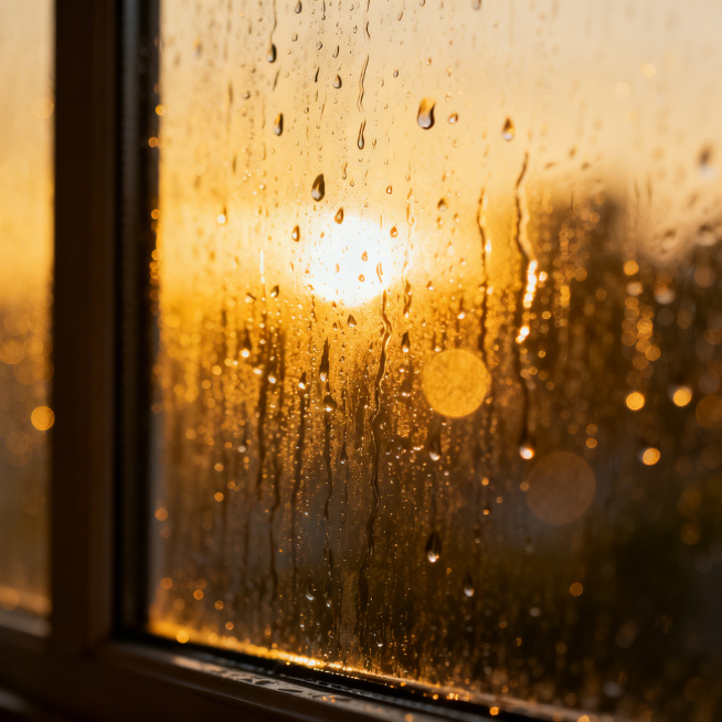 雨滴打在玻璃窗上，玻璃表面布满错落的雨珠和水痕，窗外光线被雨水晕染成模糊的光斑，整体调整为暖色调，氛围朦胧静谧，带着雨天暖调独有的温柔氛围感预览效果