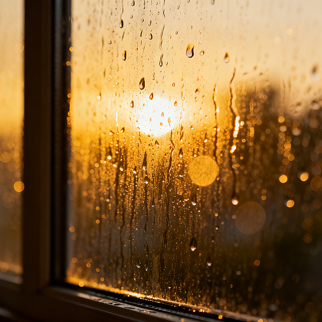 雨滴打在玻璃窗上，玻璃表面布满错落的雨珠和水痕，窗外光线被雨水晕染成模糊的光斑，整体调整为暖色调，氛围朦胧静谧，带着雨天暖调独有的温柔氛围感