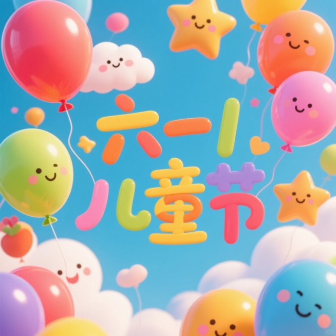 画面中央是可爱的儿童手写体“六一儿童节”文字，文字颜色鲜艳活泼，背景是五彩斑斓的气球、星星和卡通云朵，整体风格充满童趣和节日氛围，画面明亮欢快预览效果