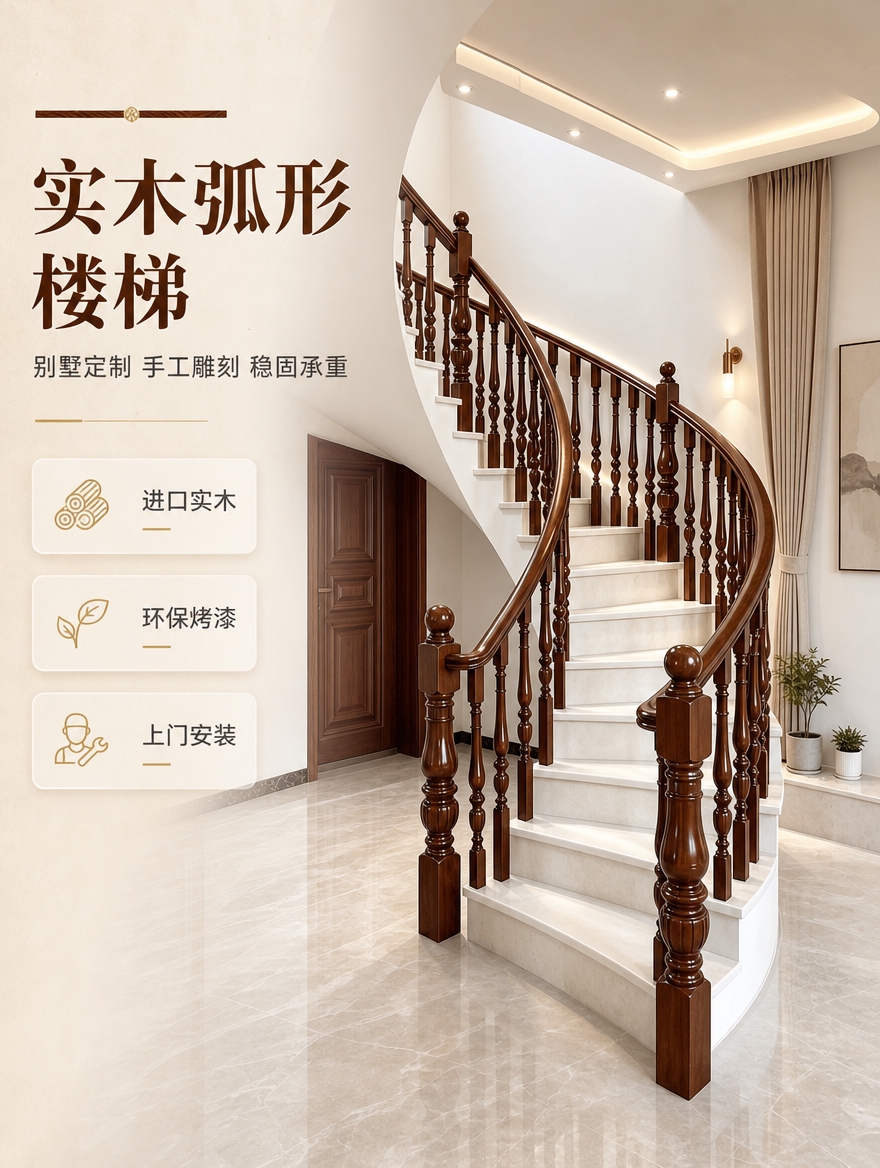 [商品] 使用【图1】深棕色实木弧形楼梯扶手；保留弧形曲线结构… - 图片创意预览
