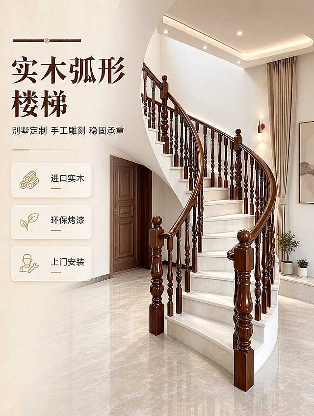 [商品] 使用【图1】深棕色实木弧形楼梯扶手；保留弧形曲线结构、葫芦形雕刻立柱、球形柱头、方形底座、深棕红木色、实木材质和光泽漆面；扶手沿白色台阶弧形上升的形态不变，增强木纹纹理和漆面质感，不改变产品结构和颜色。
[画面] 页面目标：高端别墅实木弧形楼梯专业头图，展示产品全貌与空间氛围。构图：左文右图，右侧主体为弧形实木楼梯全景，左侧留白放文案；主体占画面约65%，景别为中全景，展示从底部大柱到上层延伸的完整弧形动线；前中后景：前景大理石地面反光，中景楼梯主体，后景白色墙面+壁灯+窗帘+装饰画烘托别墅空间感。
[视觉] 套系策略：风格=高端新中式轻奢商业摄影；标题字=粗宋衬线体；正文字=现代无衬线体；主色=深棕红木色；背景延展=基于暖棕+米白做深浅层级、同色渐变和细腻石材/墙面质感；强调色=暖金色，仅用于小面积图标、引线和标签；标题色=深棕红木色；正文色=深暖灰；组件=圆角浅米信息卡、细线引线、木纹装饰条；光影=左前侧暖柔光，楼梯扶手有自然高光，地面有柔和反射。
[文字] 左上区域主标题「实木弧形楼梯」，副标题「别墅定制 手工雕刻 稳固承重」，下方配3个短卖点标签：进口实木 | 环保烤漆 | 上门安装；文字不遮挡楼梯主体立柱和扶手曲线。
[规格] 图片比例3:4竖版，4K分辨率，避免变形、错字、文字过小、冷蓝/冷灰背景、产品颜色改变、结构失真、极限词。