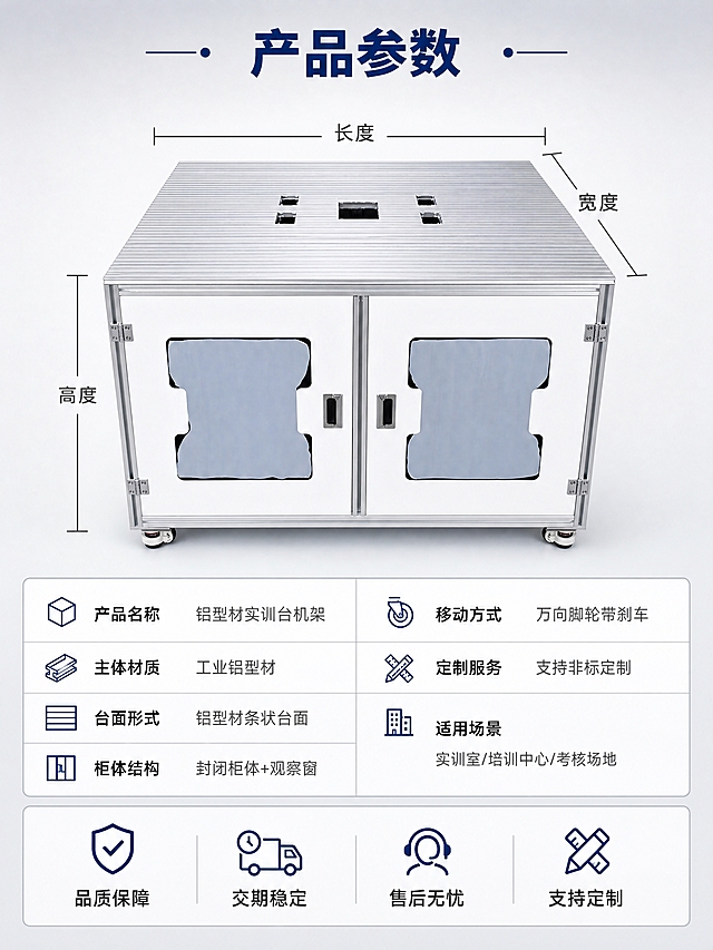 [商品] 使用【图1】实训台正面图和【图5】45度角图；保留产品整体结构、尺寸比例；商品处理：清理背景，产品精修干净，用于参数展示。
[画面] 页面目标为规格参数收口，最后一张完成下单前信息确认。上下布局，上方50%为产品正视图+尺寸标注线，下方50%为参数表格+服务保障信息。产品正面图居中，标注长宽高尺寸线（用示意性尺寸，不虚构精确数值）。参数表分左右两列，清晰易读。底部为服务保障条。背景浅灰渐变。
[视觉] 套系策略：风格=工业专业风商业摄影；标题字=粗黑无衬线简体；正文字=中等粗细无衬线简体；主色=浅灰+金属银；背景延展=浅灰渐变+表格细线分区；强调色=深蓝色；标题色=深蓝色；正文色=深灰色；组件=尺寸引线、参数表格、服务图标；光影=产品正面平光，清晰展示轮廓和比例，无多余阴影干扰尺寸阅读。
[文字] 顶部主标题"产品参数"4字粗体深蓝色居中；产品图四周尺寸标注："长度""宽度""高度"（用通用示意，不写具体虚构数值）；下方参数表：产品名称 铝型材实训台机架、主体材质 工业铝型材、台面形式 铝型材条状台面、柜体结构 封闭柜体+观察窗、移动方式 万向脚轮带刹车、定制服务 支持非标定制、适用场景 实训室/培训中心/考核场地；底部4个服务图标横排："品质保障""交期稳定""售后无忧""支持定制"。所有文字横排，表格文字左对齐。
[规格] 图片比例3:4竖版，4K，避免变形、错字、参数虚构、表格混乱、尺寸线不清。