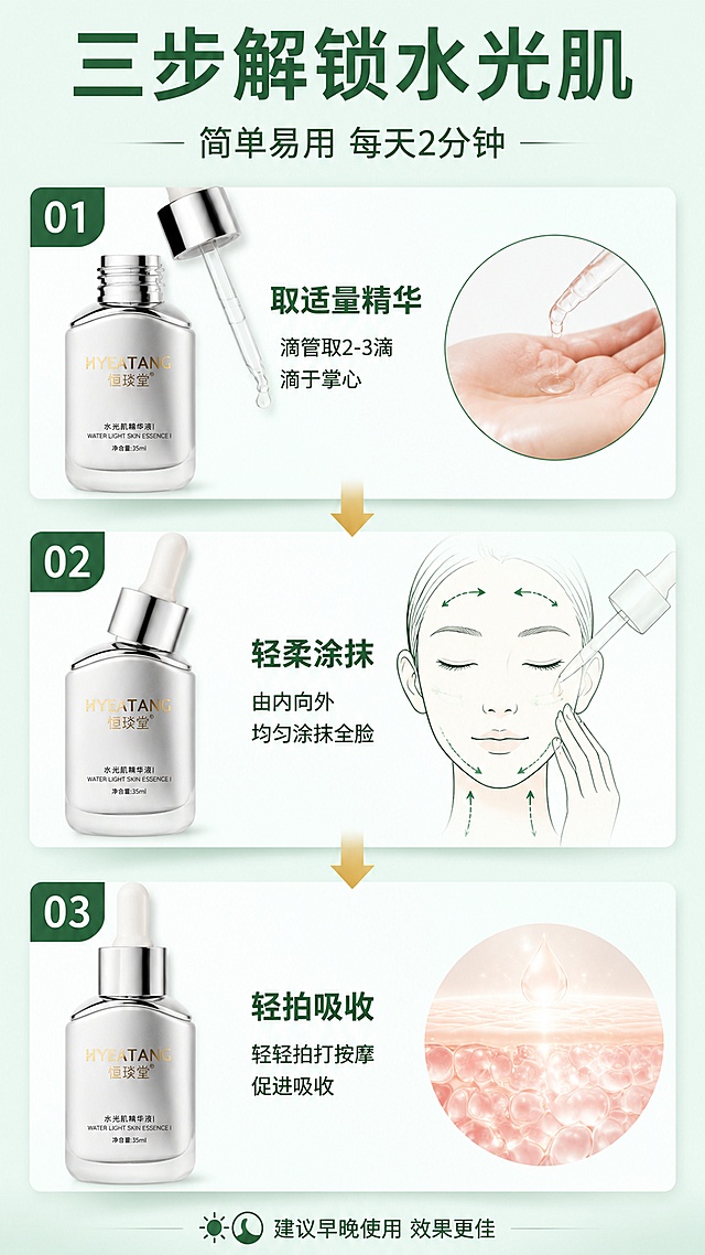 [第7屏] 使用步骤演示-恒琰堂水光肌精华液三步使用法。本屏使用【图1】作为商品主体（银色滴管瓶，多角度展示）。
[氛围/风格] 清新步骤教学风格，简洁明了，图文结合，拼多多风格清晰易懂。
[元素布局] 画面分上中下三步横向排列，每步占约1/3高度：第1步「取」：精华液瓶身开盖，滴管吸取精华，旁边是手部取液特写小图；第2步「涂」：滴管滴精华在面部，手指轻柔涂抹的示意（面部轮廓线稿+涂抹箭头）；第3步「吸」：肌肤吸收后呈现透亮光泽的效果示意，配发光肌肤纹理；每步之间有向下的箭头连接；左侧或右侧点缀产品瓶身小图；背景浅薄荷绿渐变，每步有独立的浅色卡片底；保持产品外观与输入图一致。
[光影质感] 均匀柔光照明，每步卡片有轻微阴影增加层次感，整体明亮干净，步骤清晰。
[配色色系] 全局底色#F0F7F5浅薄荷绿；主色薄荷绿步骤卡+银色产品；辅助色深绿步骤号、白色卡片底、金色箭头。
[视角构图] 纵向三步流构图，阅读动线从上到下依次阅读三步，符合使用流程。
[文字版式] 顶部大标题「三步解锁水光肌」深绿超大粗体，副标题「简单易用 每天2分钟」中号字；第1步：大号数字「01」+标题「取适量精华」+说明「滴管取2-3滴 滴于掌心」；第2步：大号数字「02」+标题「轻柔涂抹」+说明「由内向外 均匀涂抹全脸」；第3步：大号数字「03」+标题「轻拍吸收」+说明「轻轻拍打按摩 促进吸收」；每步数字大号醒目，文字清晰可读；底部一行「建议早晚使用 效果更佳」小字提示。
[比例分辨率] 9:16竖版比例，4K分辨率，文字清晰可辨，高清画质。
[负向提示词] 产品变形，颜色偏差，水印，文字过小，真人全脸出现，医疗术语，背景杂乱